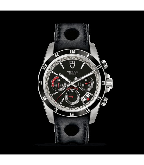 Copy Tudor Grantour Chrono Black Dial Leather Strap M20530N-0009