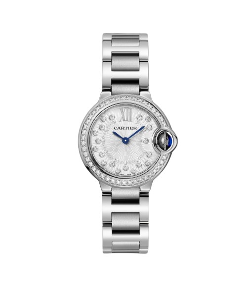 Cartier Ballon Bleu de Cartier watch 28 mm quartz movement Steel case fluted steel crown set with a synthetic cabochon-shaped spinel. W4BB0034