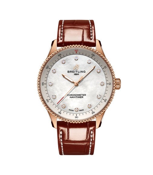 Breitling Navitimer 32mm Ladies Watch White Mother Of Pearl Alligator 18k Red Gold R77320E61A1P1