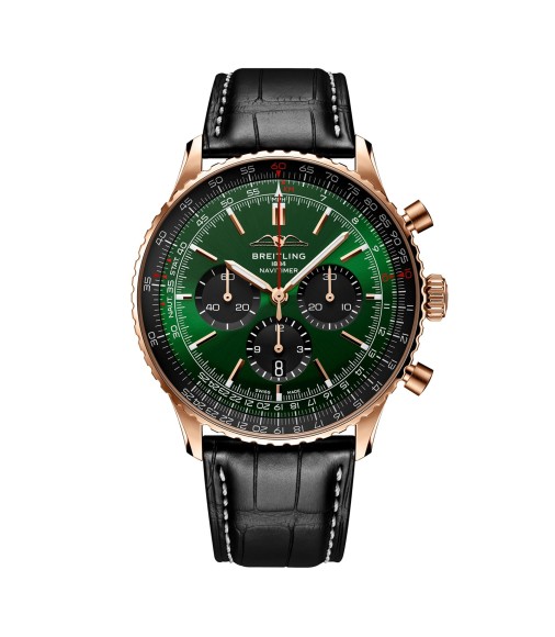 Breitling Navitimer Chronograph 18ct Rose Gold 46mm Mens Watch Green Alligator RB0137241L1P1