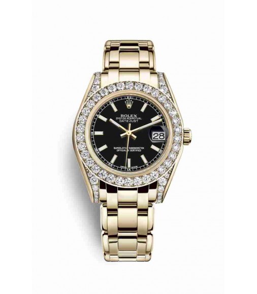 Rolex Pearlmaster 34 yellow gold lugs set diamonds 81158 Black Dial Watch