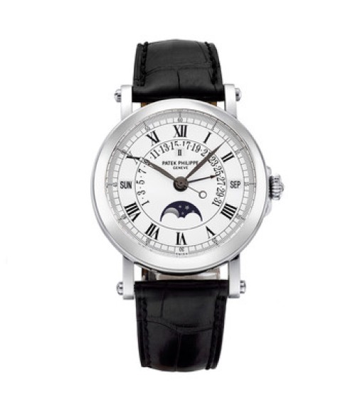 Patek Philippe Perpetual Calendar Silver Dial 18kt White Gold Black Leather Mens Watch Replica 5059G